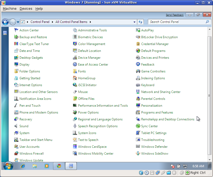 Control Panel--all options