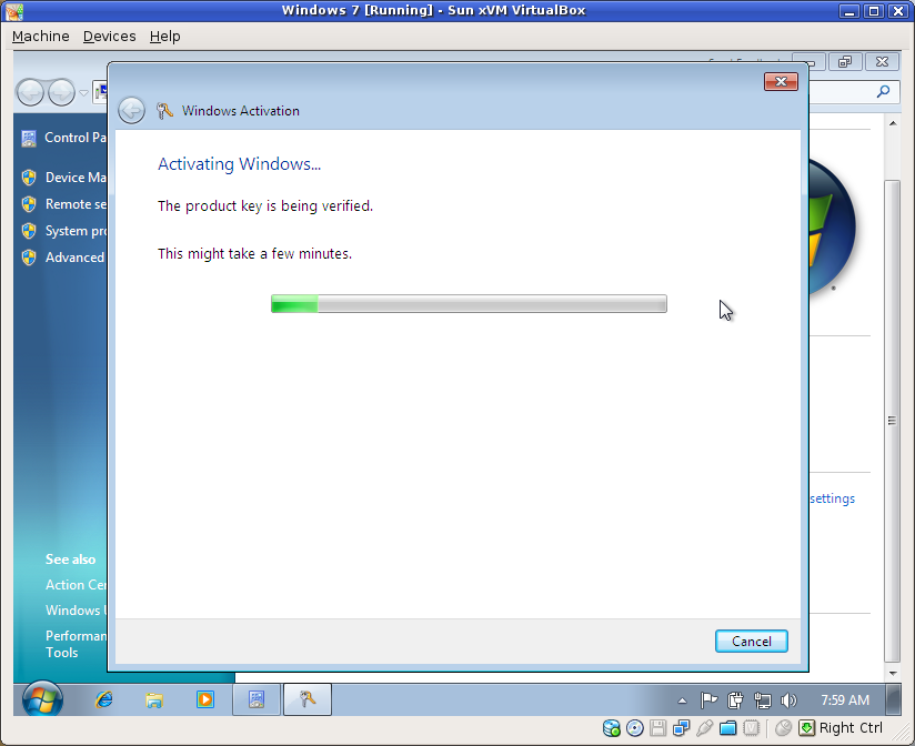 Activating my copy of Winders 7